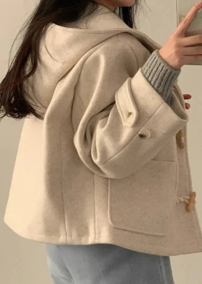 Woolen Hooded Coat with Horn Buttons and Pockets