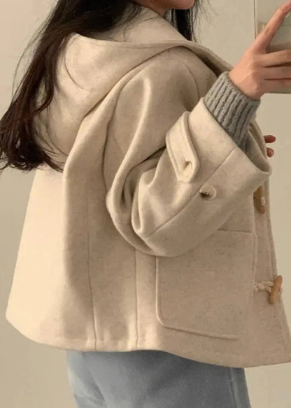 Woolen Hooded Coat with Horn Buttons and Pockets