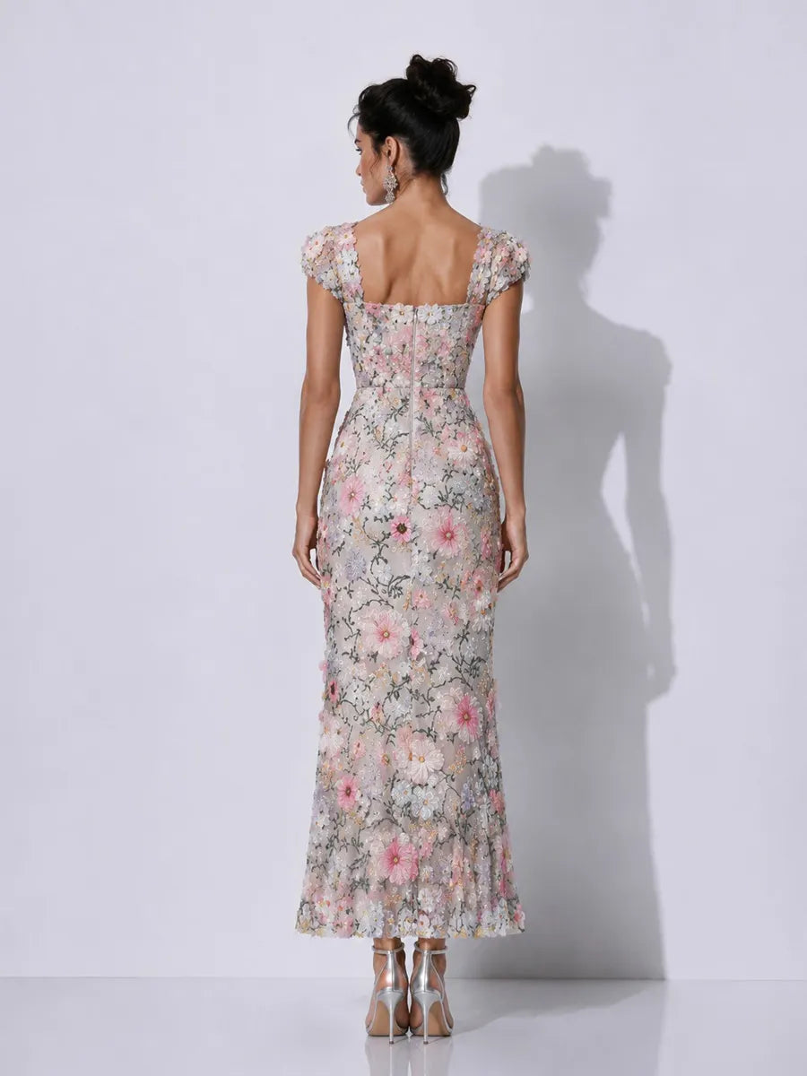 Genevieve Embroidered Appliqué Sleeveless Midi Dress