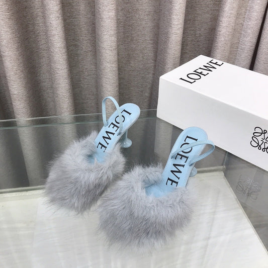 Loewe 25SS Fur-lined Mule 100 Blue in Fox Fur 597444