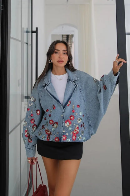 Liora Floral Sequin Denim Jacket In Light Blue