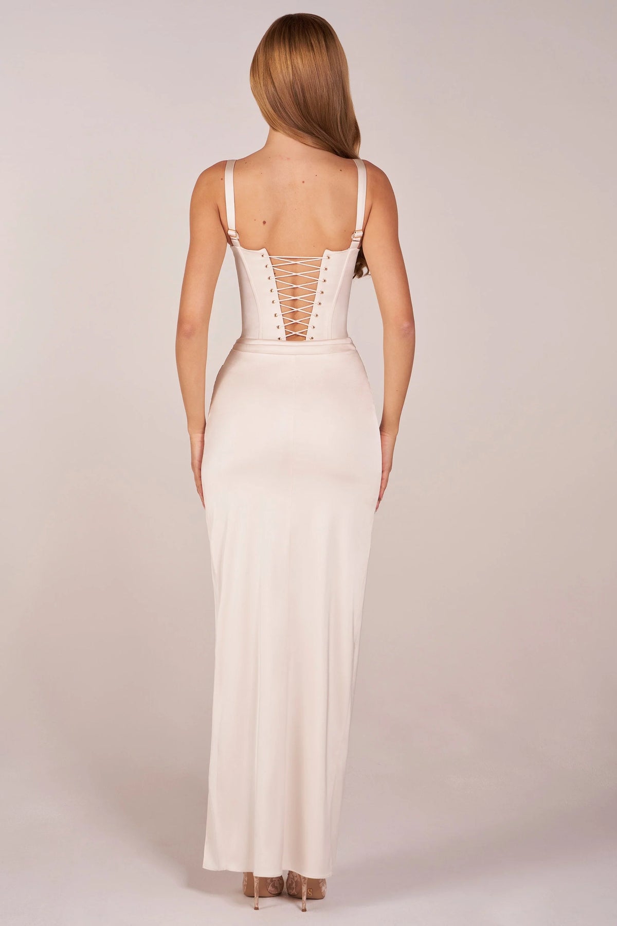 Corseted Thigh-High Split Maxi Dress in Ivory