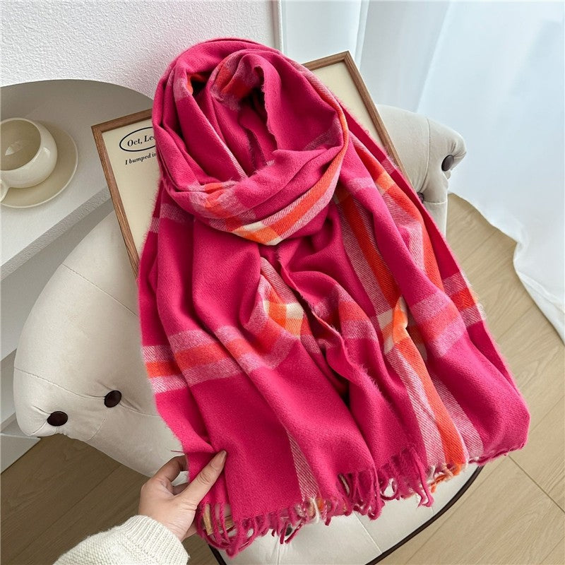 Color Block Plaid Fringe Scarf
