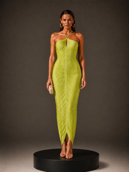 Eloise Halter-Neck Maxi Dress with Back Slit and Fringes In Green