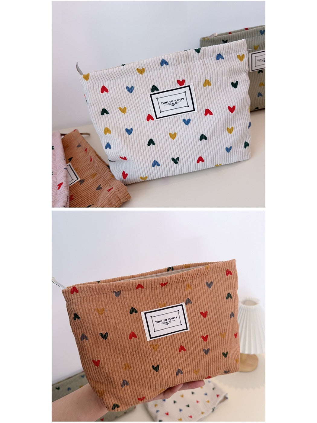 Cosbai - Corduroy Zippered Makeup Pouch with Heart-shaped Patterns