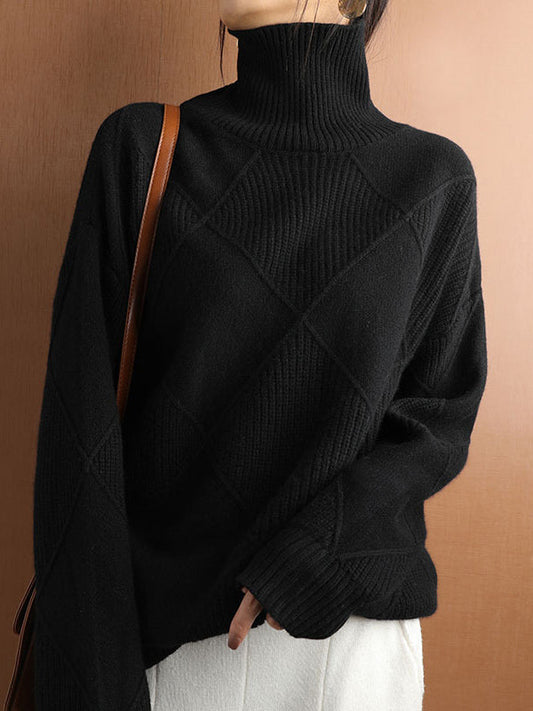 Loose Rhombus Solid Color High-Neck Sweater Tops