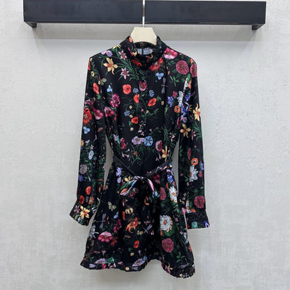 GG SS26 Flora Print Mini Dress Black Multicolor Silk 351771