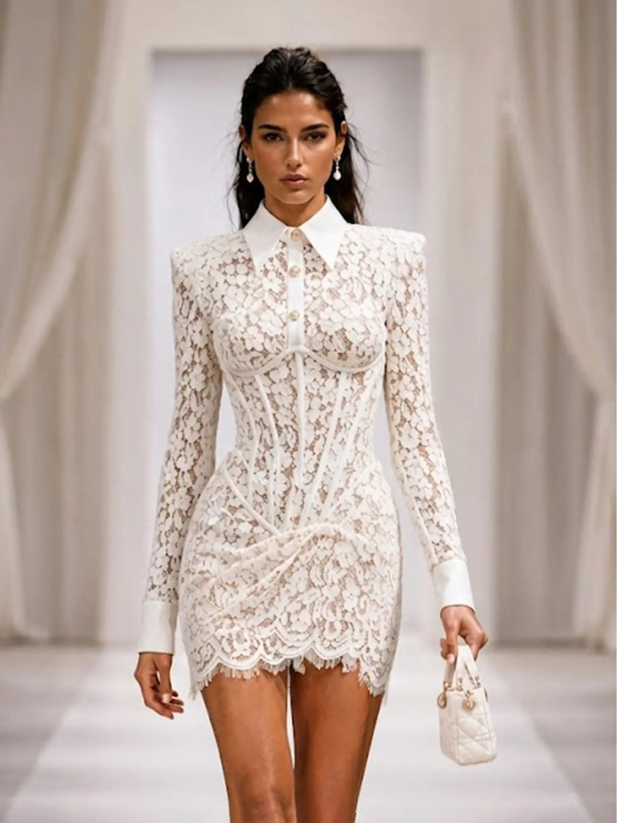 Olive Elegant Long-Sleeve Lace Mini Dress