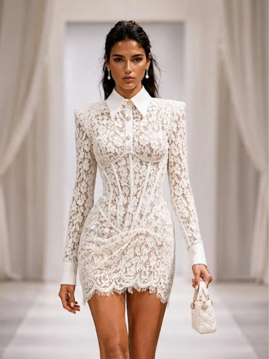 Olive Elegant Long-Sleeve Lace Mini Dress