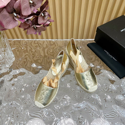 SL WEDGE SANDALS METALLIC GOLD CALFSKIN AND STRAW