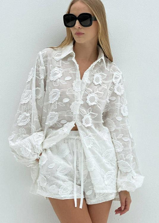 Sheer Embroidered Shirt And High Waist Shorts Set
