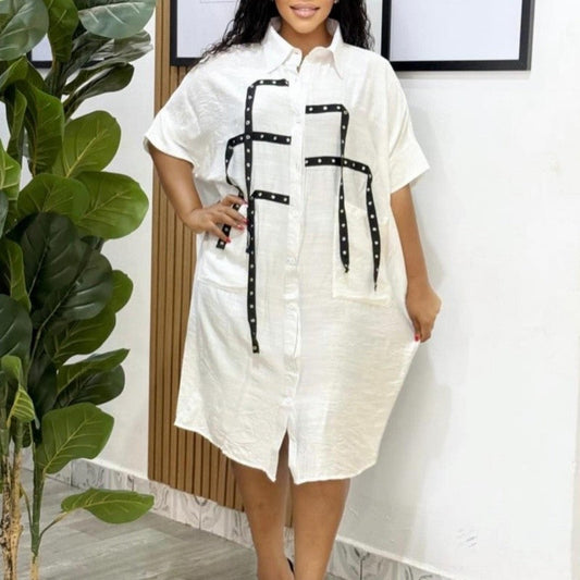 Loose Collar Short Sleeve Midi Shirt Dress