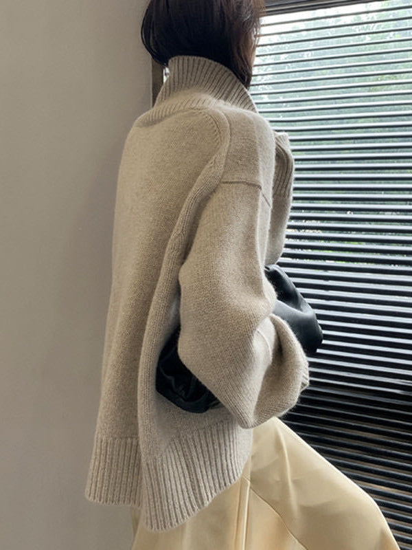 Long Sleeves Loose Pleated Solid Color Split-Joint High Neck Sweater