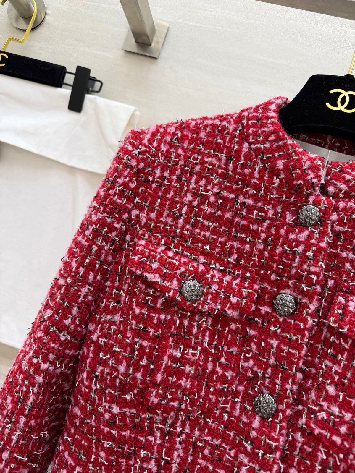 CC Woven Tweed Long-Sleeved Dress Red Pink Tweed 343197