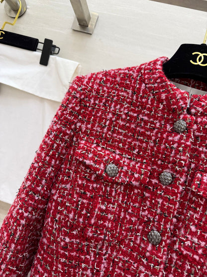CC Woven Tweed Long-Sleeved Dress Red Pink Tweed 343197