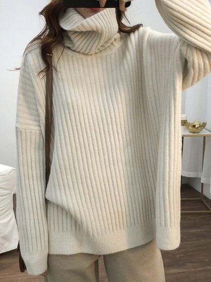 Casual Long Sleeves Loose Solid Color High-Neck Sweater Tops