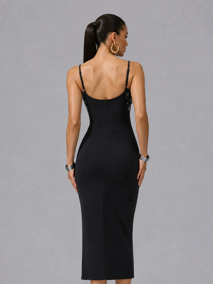 Nadira Elegant Sleeveless Rhinestone Cutout Bow Midi Dress