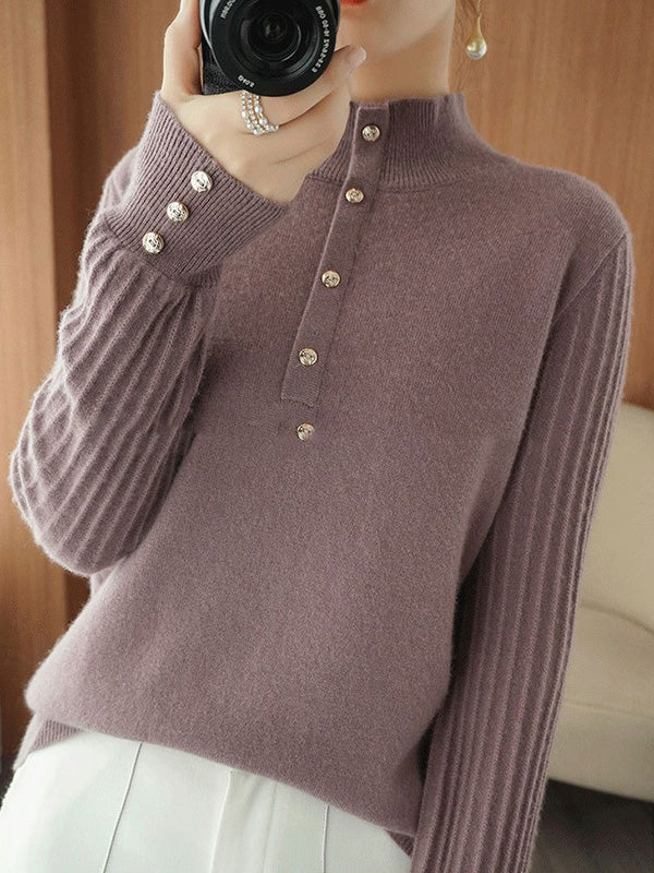 Casual Puff Sleeves Long Sleeves Solid Color Half Turtleneck Sweater Tops