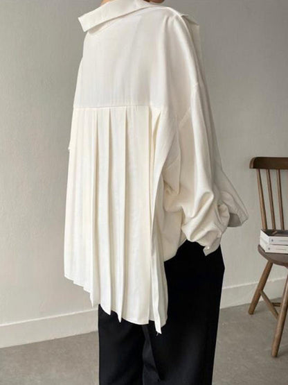 Loose Wrap Buttoned Pleated Solid Color Lapel Blouses&Shirts Tops