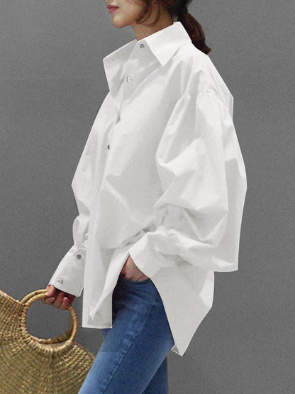 Long Sleeves Loose Buttoned Pleated Solid Color Lapel Blouses&Shirts Tops