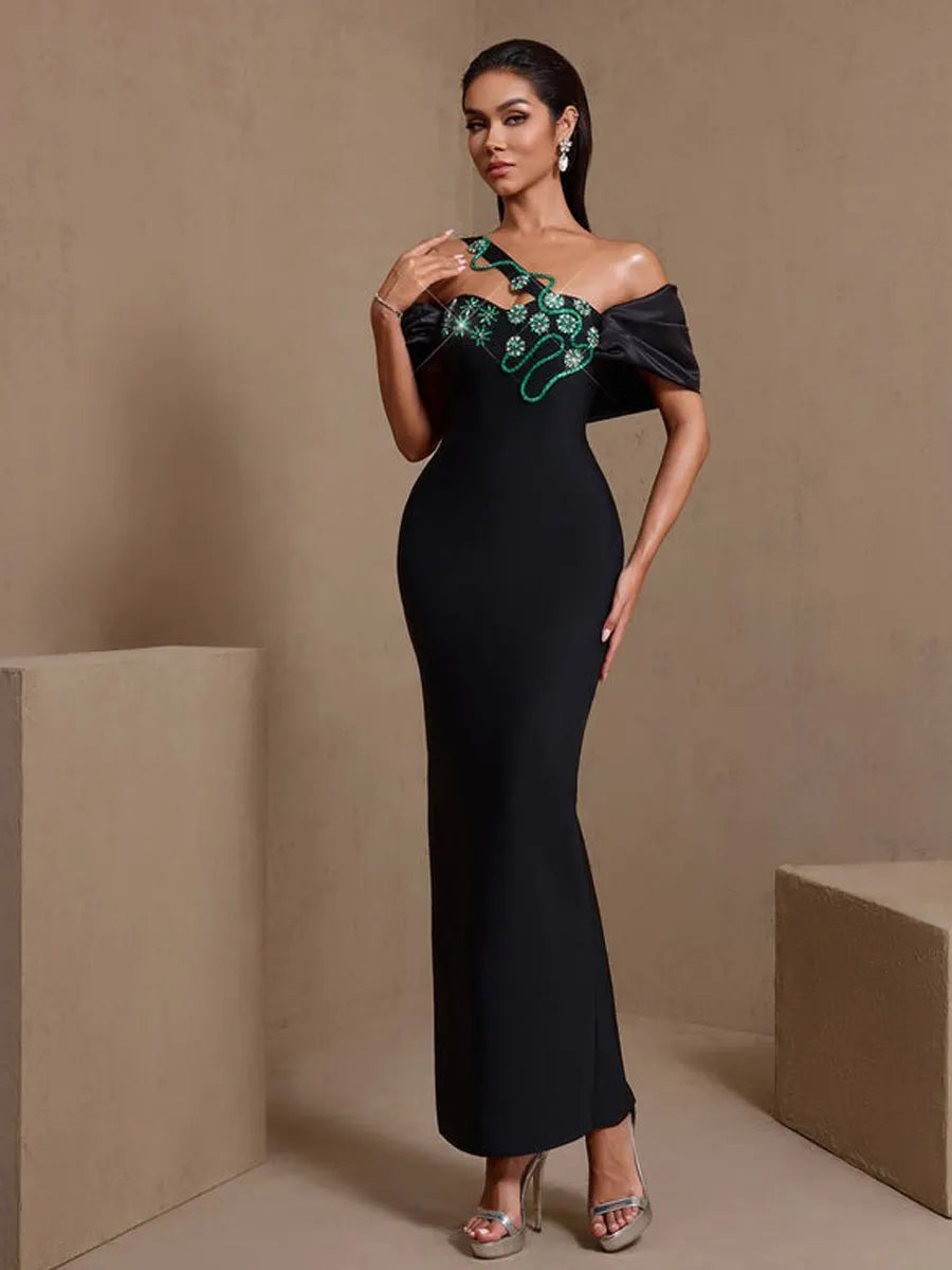 Ines Green Vine Crystal Floral Bandage Maxi Dress