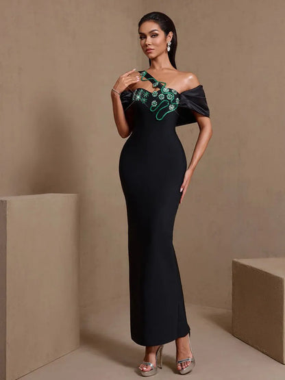 Ines Green Vine Crystal Floral Bandage Maxi Dress
