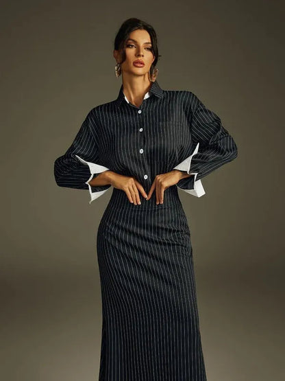 Hryixel Folded Collar Stripe Skirt Set
