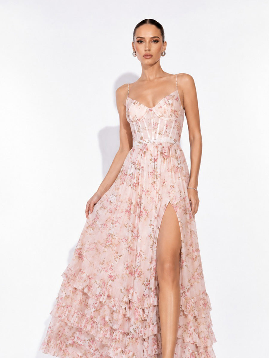Annabel Ruffled Slit Maxi Dress In Pink