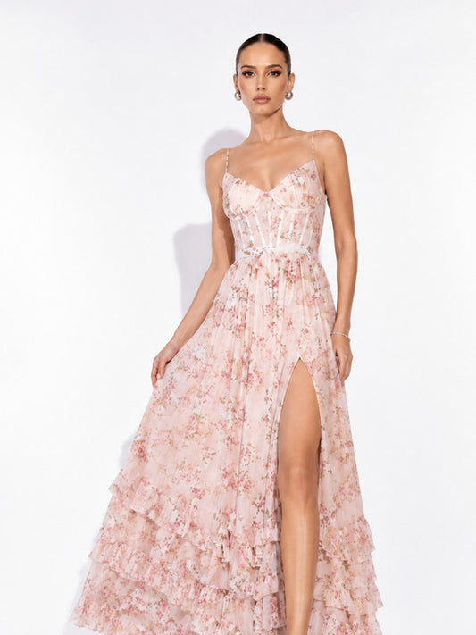 Annabel Ruffled Slit Maxi Dress In Pink