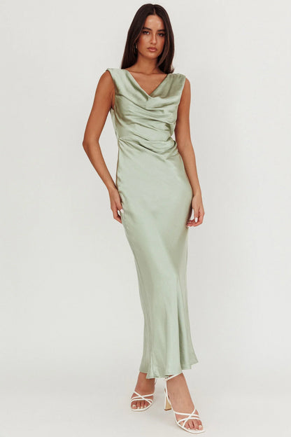 Chills Cowl Neck Satin Maxi Dress Sage