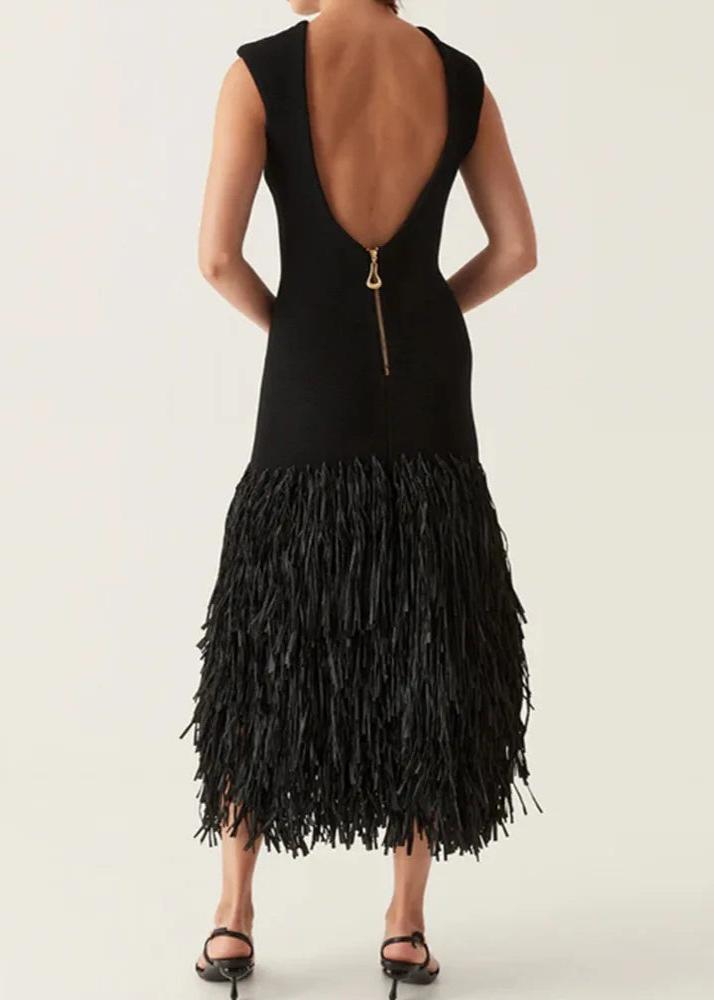 Fringe Knit Midi Dress Black Sleeveless