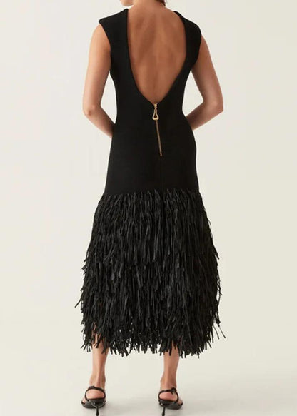 Fringe Knit Midi Dress Black Sleeveless