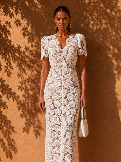 Brooklyn Bow-Accent Lace Midi Dress