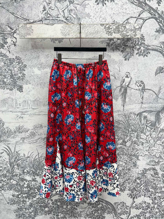 LV 25 Elastic Waist Old Flower Leather Skirt Red Poliester