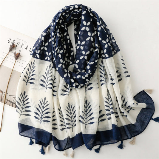 Scarvii - Blue &amp; White Wheat Pattern Bohemian Scarf