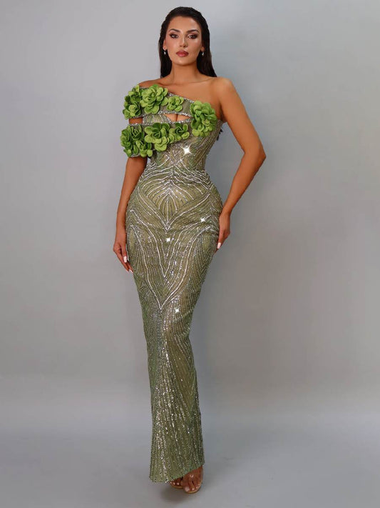 Isla 3D Floral Maxi Dress In Green