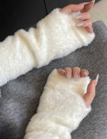 Cute Fuzzy Warm Solid Color Fingerless Gloves