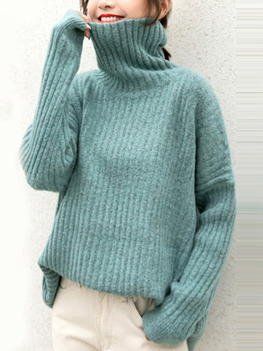 Casual Long Sleeves Loose Solid Color High-Neck Sweater Tops