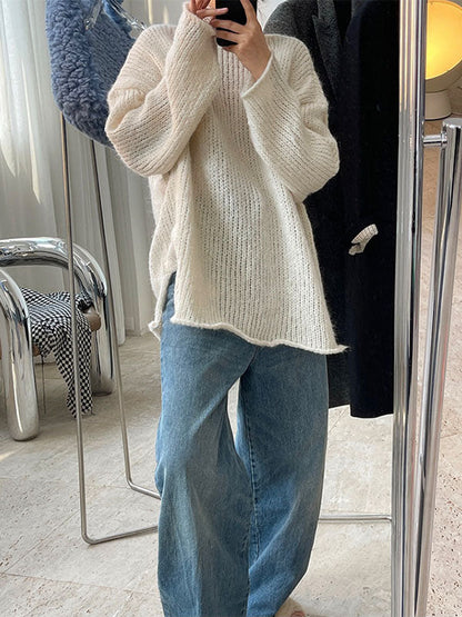 Casual Loose Long Sleeves Split-Side Solid Color High-Neck Sweater Tops