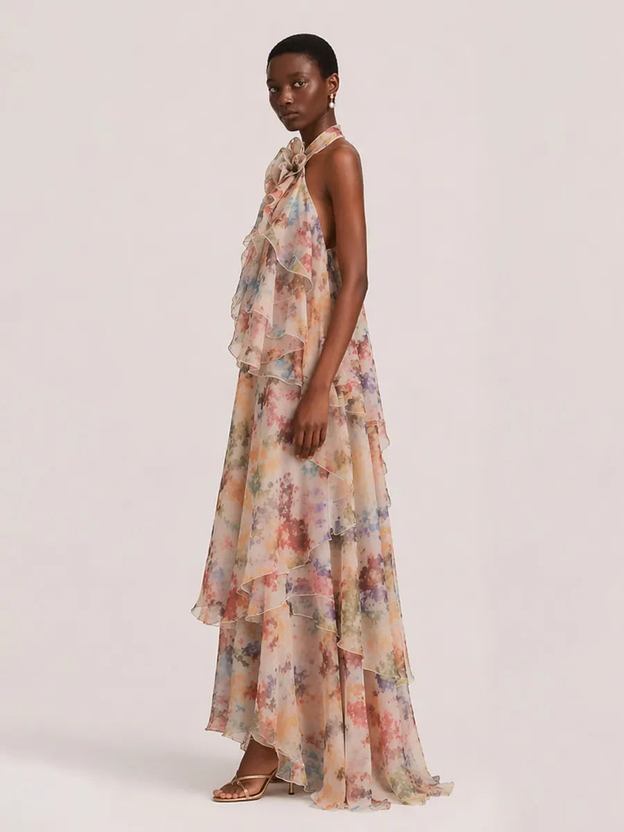 Ada Tiered Printed Mesh Maxi Dress