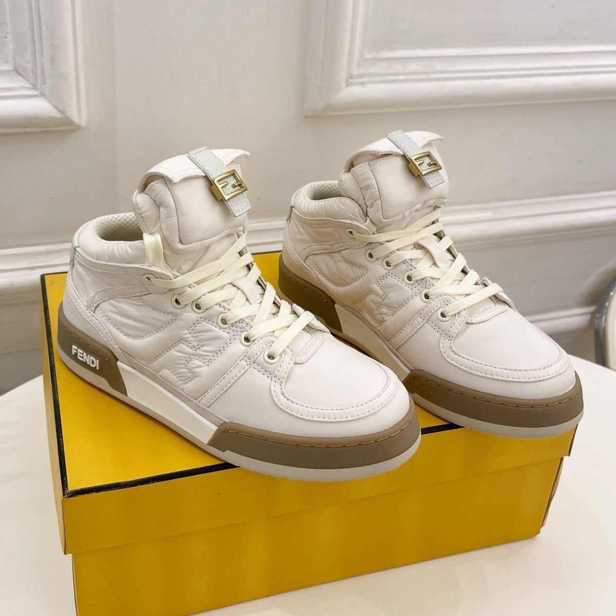 FENDI LOGO SOCK SNEAKER BOOTS IN WHITE LAMBSKIN