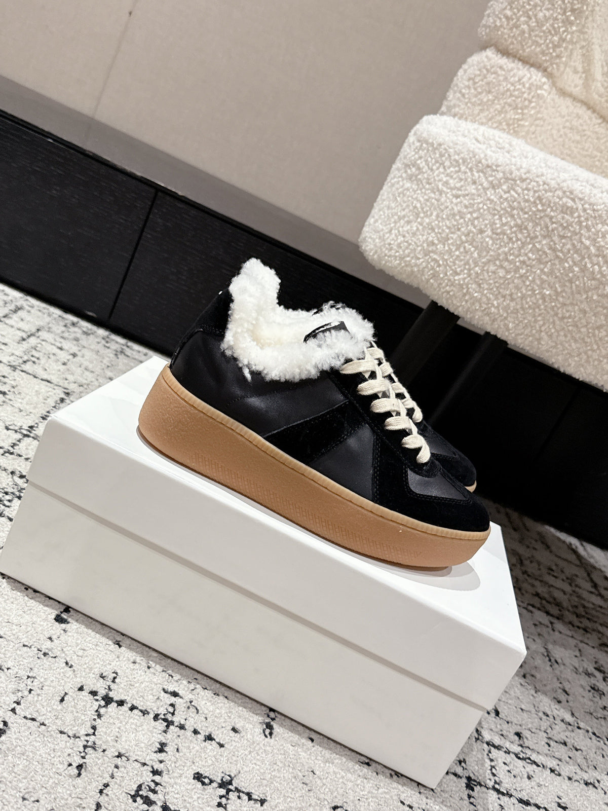 MM Platform German Training Shoes 50mm Black Suede Sheepskin Fur 558418