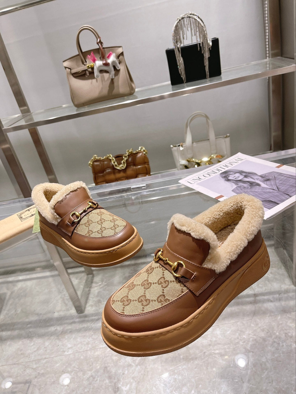 GG Snow Boots Brown Calfskin Denim Wool 576249