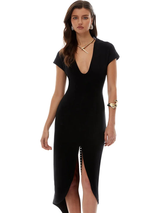 Madelyn Black Deep V-Neck Self-Tie Midi Dress