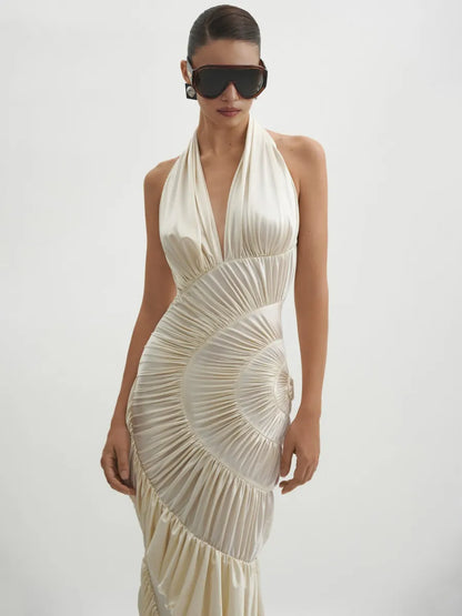 Marina Tiered Pleated Halter Maxi Dress In Ivory