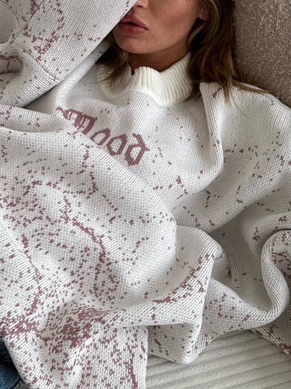 Long Sleeves Loose Hollow Knitted Letters Round-Neck Knitwear Pullovers Sweater Tops