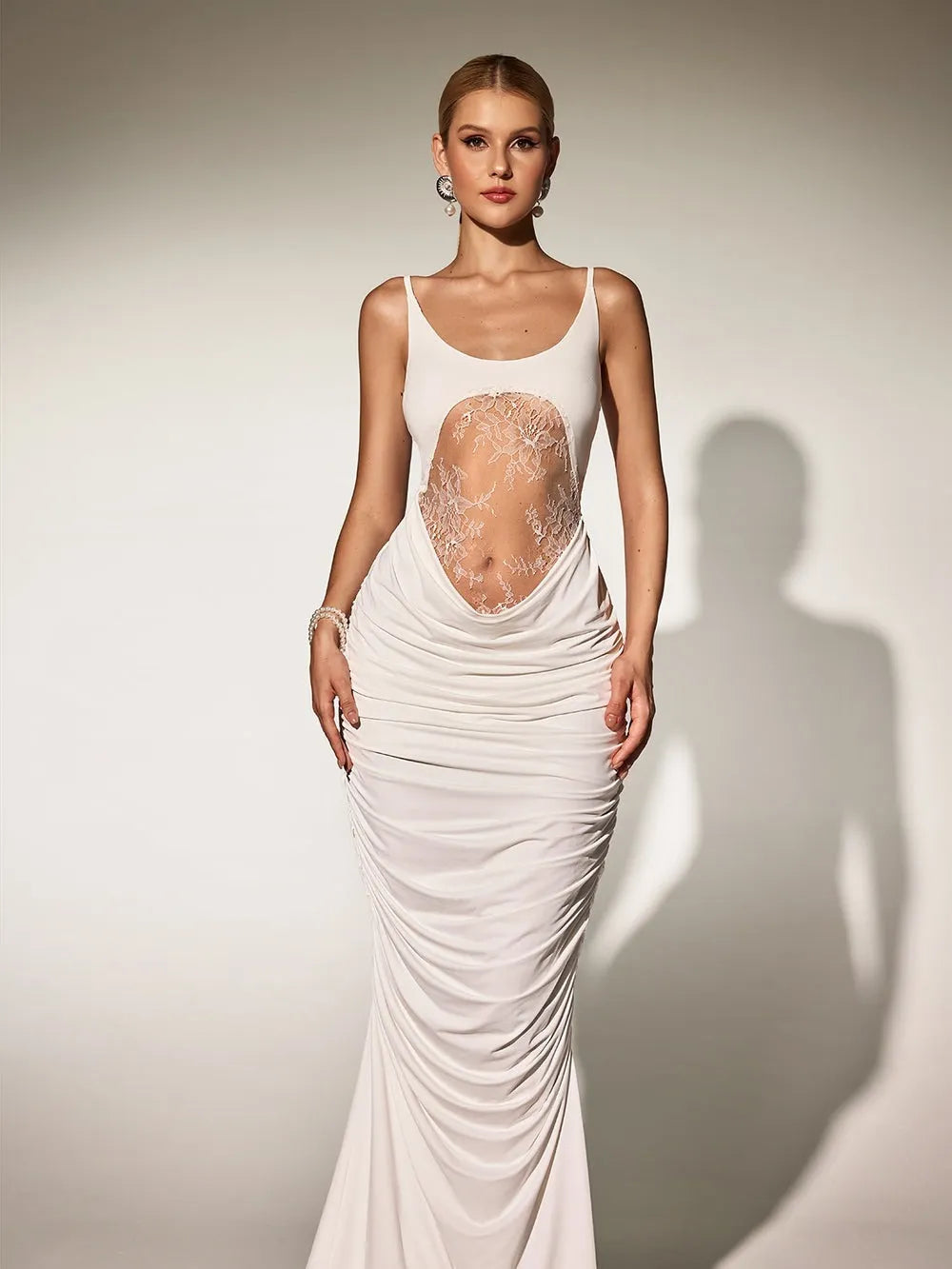Brythis Spaghetti Ruched Lace Maxi Dress