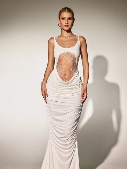Brythis Spaghetti Ruched Lace Maxi Dress