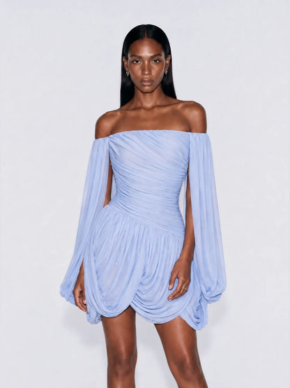 Arwen Off Shoulder Ruched Chiffon Mini Dress In Blue