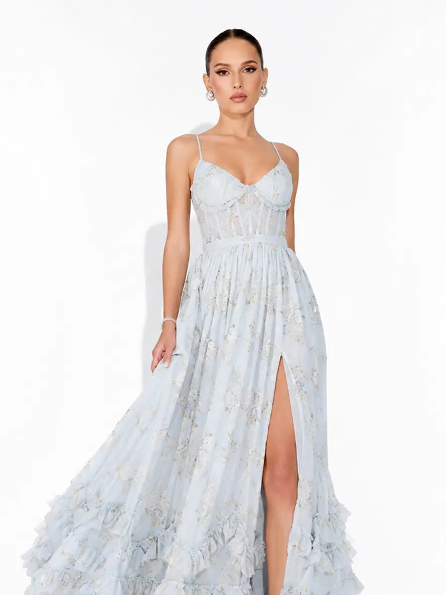 Annabel Ruffled Slit Maxi Dress In Blue